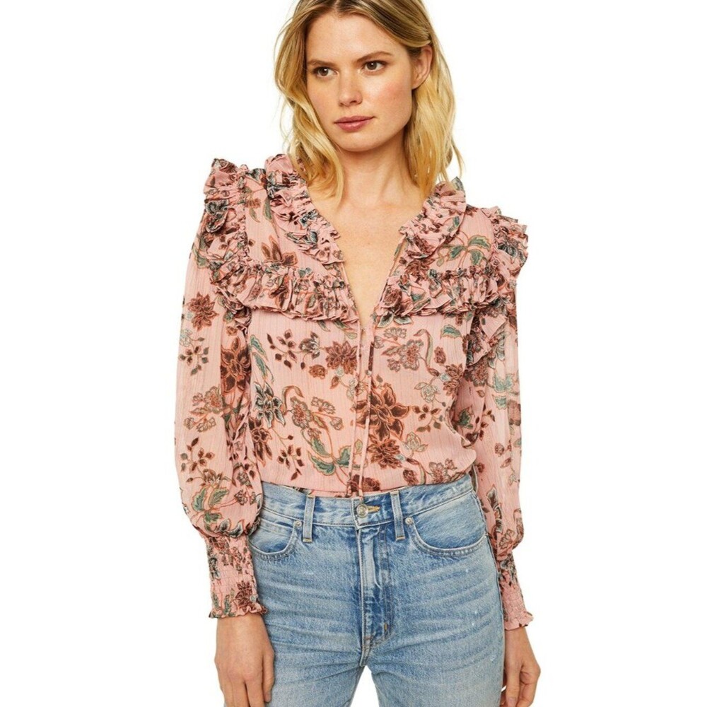 MISA Los Angeles Pink Floral Ruffle Blouse Raffi Top Choco Rose Floral Size XS